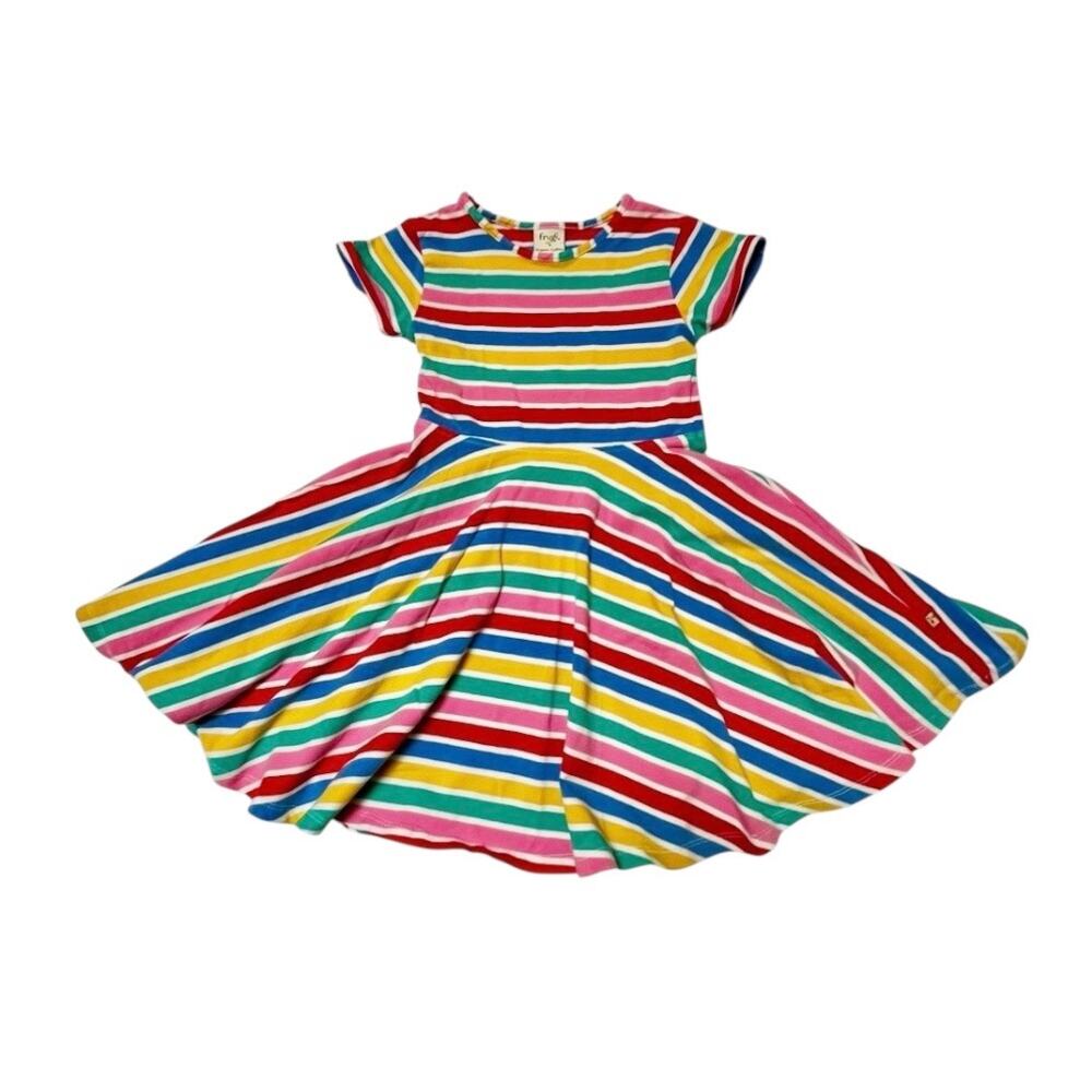 Frugi Spring Rainbow Stripe Organic Cotton Skater Dress Size 5/6